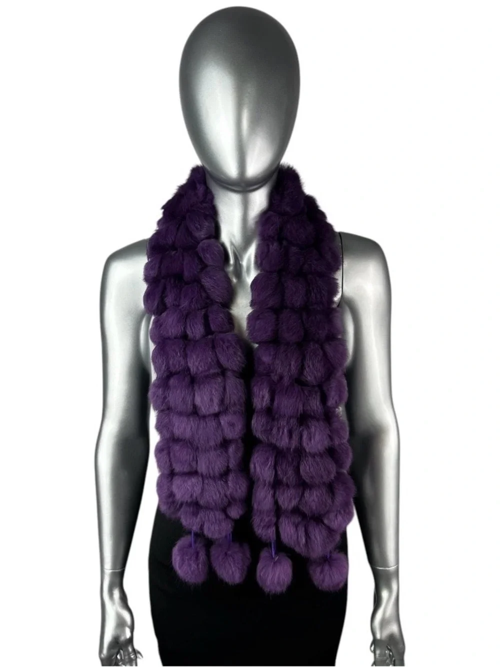 Purple RABBIT Scarf w/POM POMS Size 47”L, Certified Vintage Fur